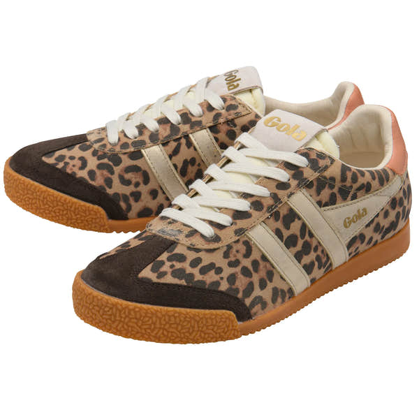 Gola CLB866 Elan Safari leopard print ladies trainers with mocha, gold, terracotta leather and textile, lace-up style.
