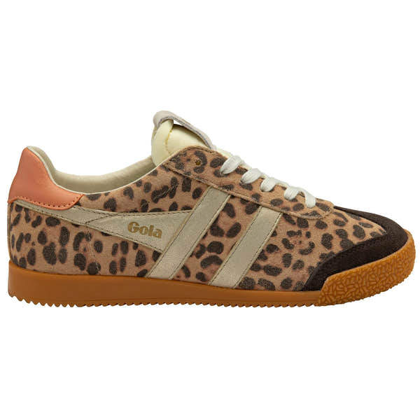 Gola CLB866 Elan Safari women's leopard print lace-up trainers with mohair, mocha, gold, and terracotta accents.