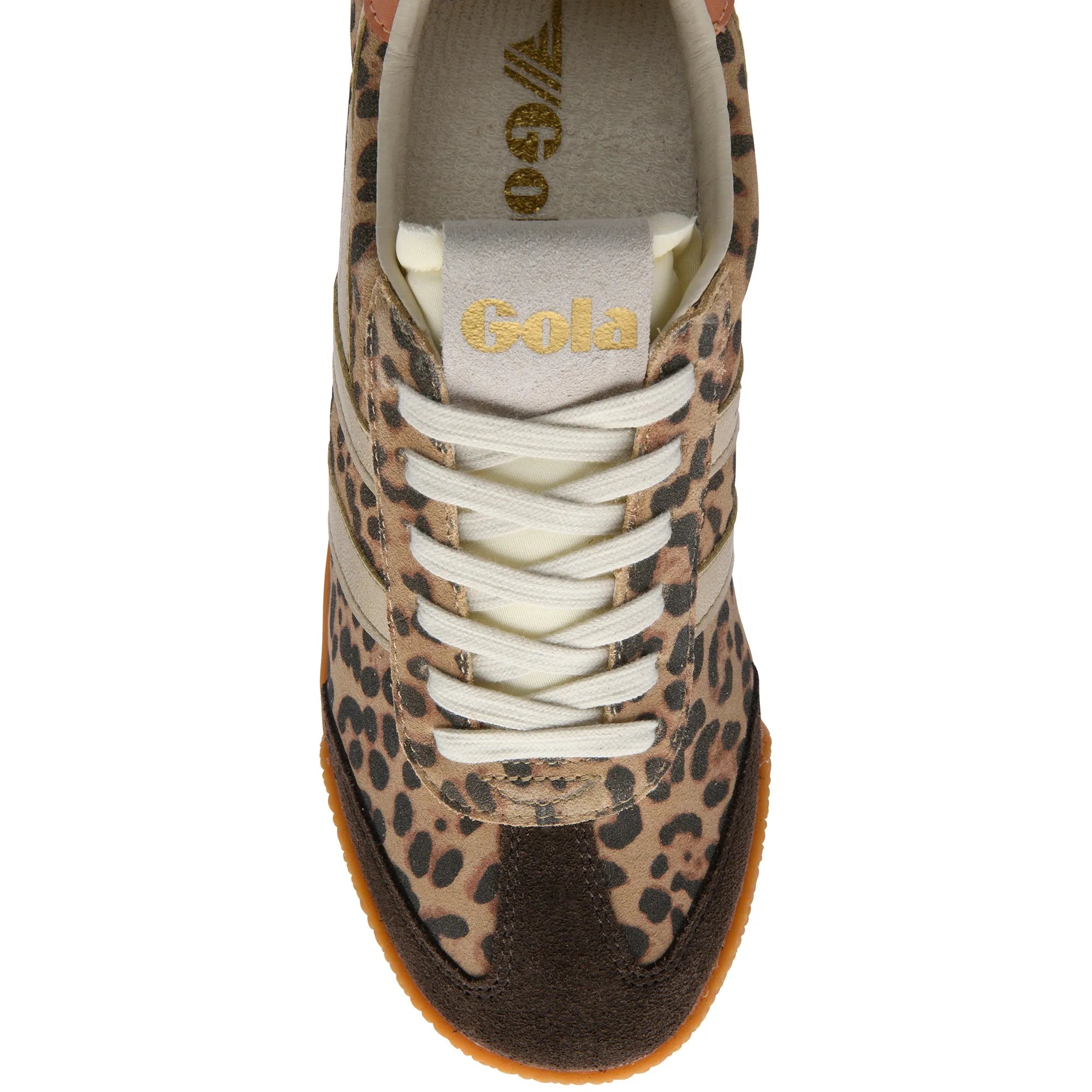 Gola CLB866 Elan Safari women's leopard, mocha, gold, terracotta lace-up trainers with leather and textile accents.
