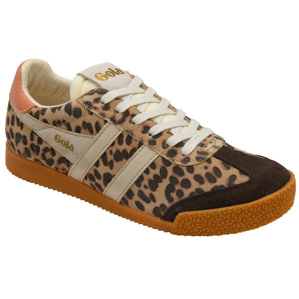 Gola CLB866 Elan Safari women's leopard print lace-up trainers with gold, mocha, terracotta leather and textile accents.