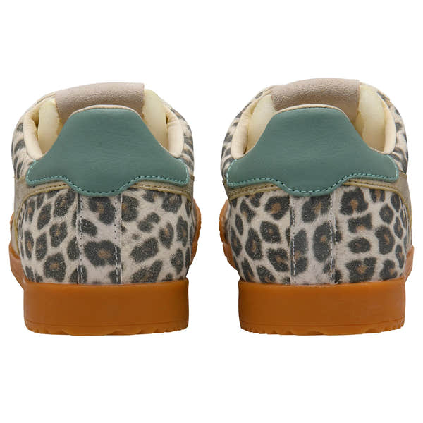 Gola CLB866 Elan Safari ladies trainers with leopard print, light caramel, gold, green mist leather, and textile, lace-up design.