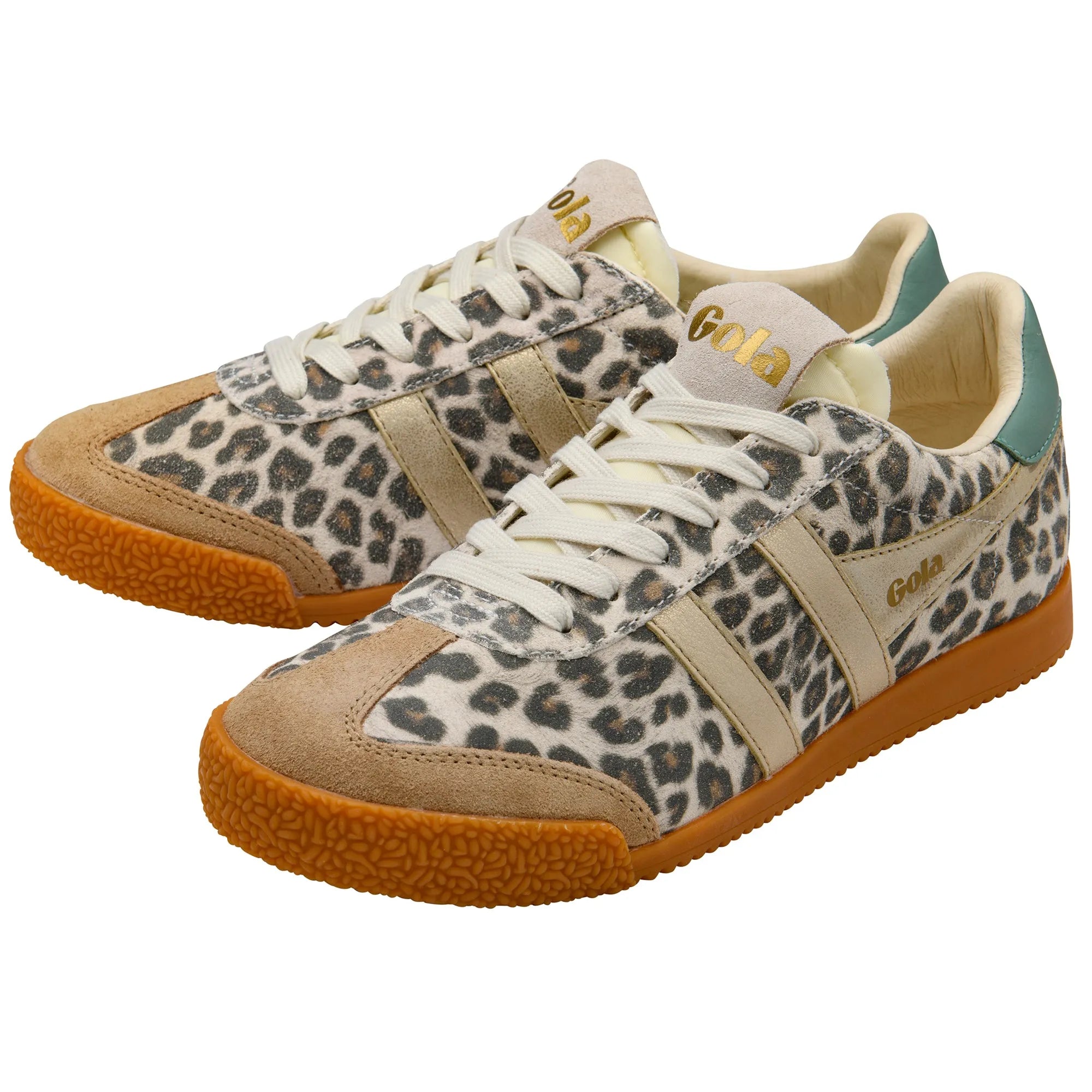 Gola CLB866 Elan Safari women’s lace-up trainers with snow leopard pattern, beige, light caramel, and green accents, rubber sole.
