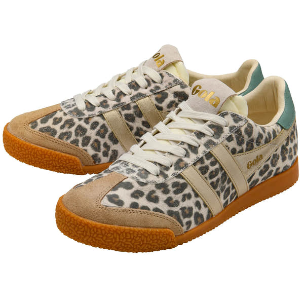 Gola CLB866 Elan Safari women’s lace-up trainers with snow leopard pattern, beige, light caramel, and green accents, rubber sole.