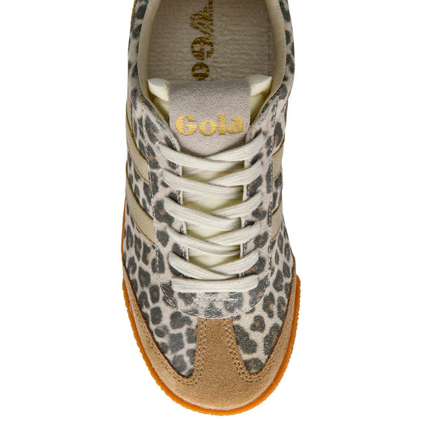 Gola CLB866 Elan Safari ladies lace-up trainers with snow leopard print, caramel, gold, and green mist leather and textile accents.