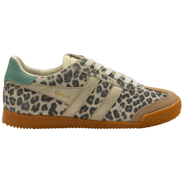 Gola CLB866 Elan Safari women's sneakers with leopard print, beige accents, green heel detail, and rubber sole.