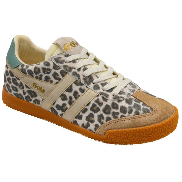 Gola CLB866 Elan Safari women's trainers with leopard print, beige, caramel, gold, and green accents, lace-up sneakers, rubber sole.