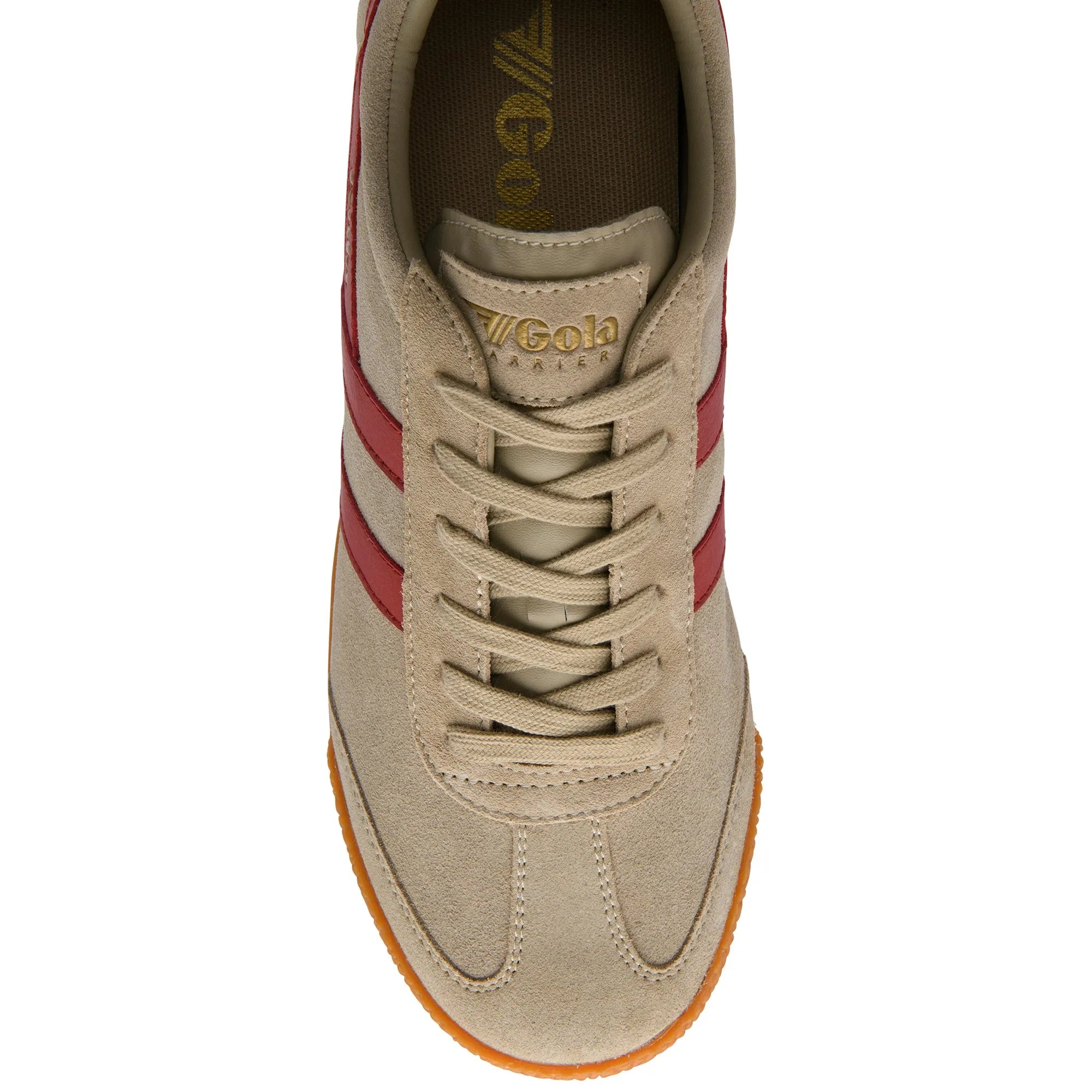 Gola CMA192 Harrier men's leather lace-up trainers in bone and deep red with orange outsoles.