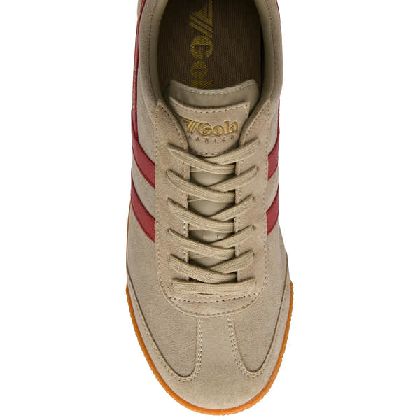 Gola CMA192 Harrier men's leather lace-up trainers in bone and deep red with orange outsoles.