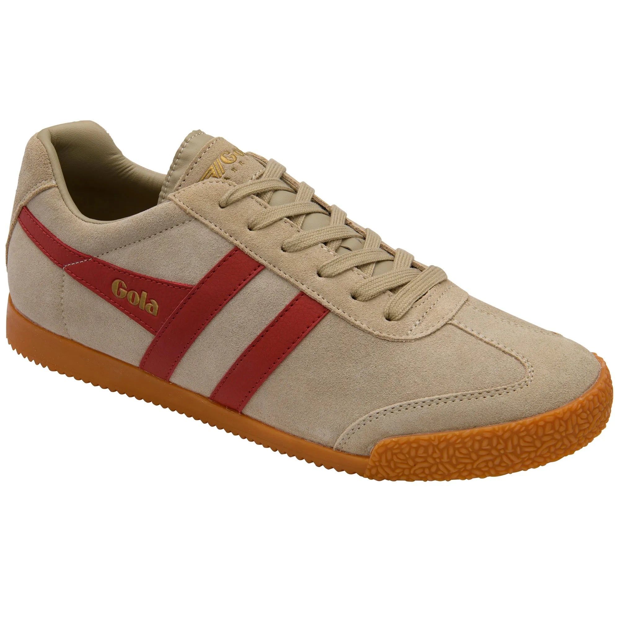 Gola CMA192 Harrier men's bone and deep red leather lace-up trainers with gum sole, casual athletic footwear.