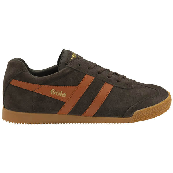 Gola CMA192 Harrier men's dark brown and orange leather lace-up trainers with gum rubber sole.