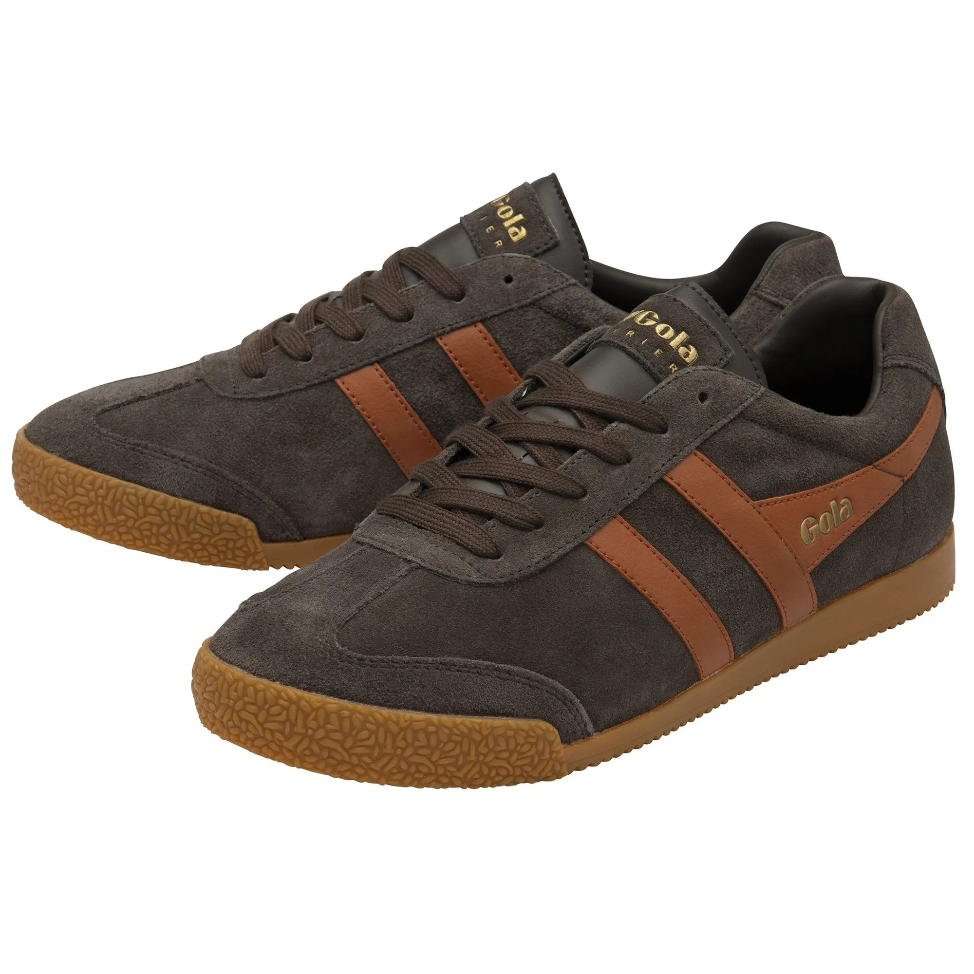 Gola CMA192 Harrier men's dark brown and orange leather lace-up trainers with gum soles.