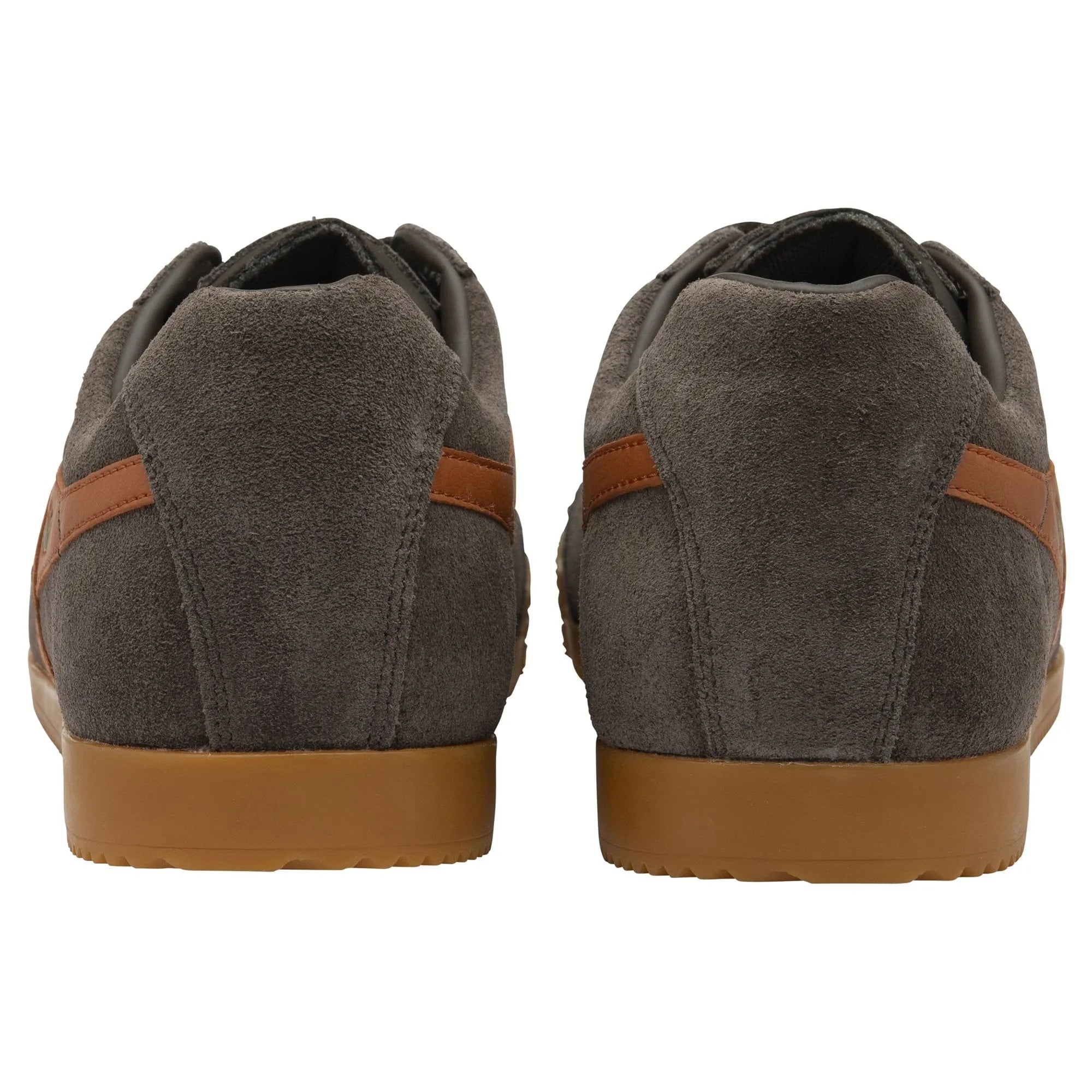 Gola CMA192 Harrier men's dark brown and moody orange leather lace-up trainers, back view with suede material and gum sole.