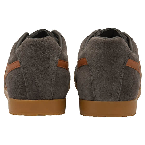 Gola CMA192 Harrier men's dark brown and moody orange leather lace-up trainers, back view with suede material and gum sole.