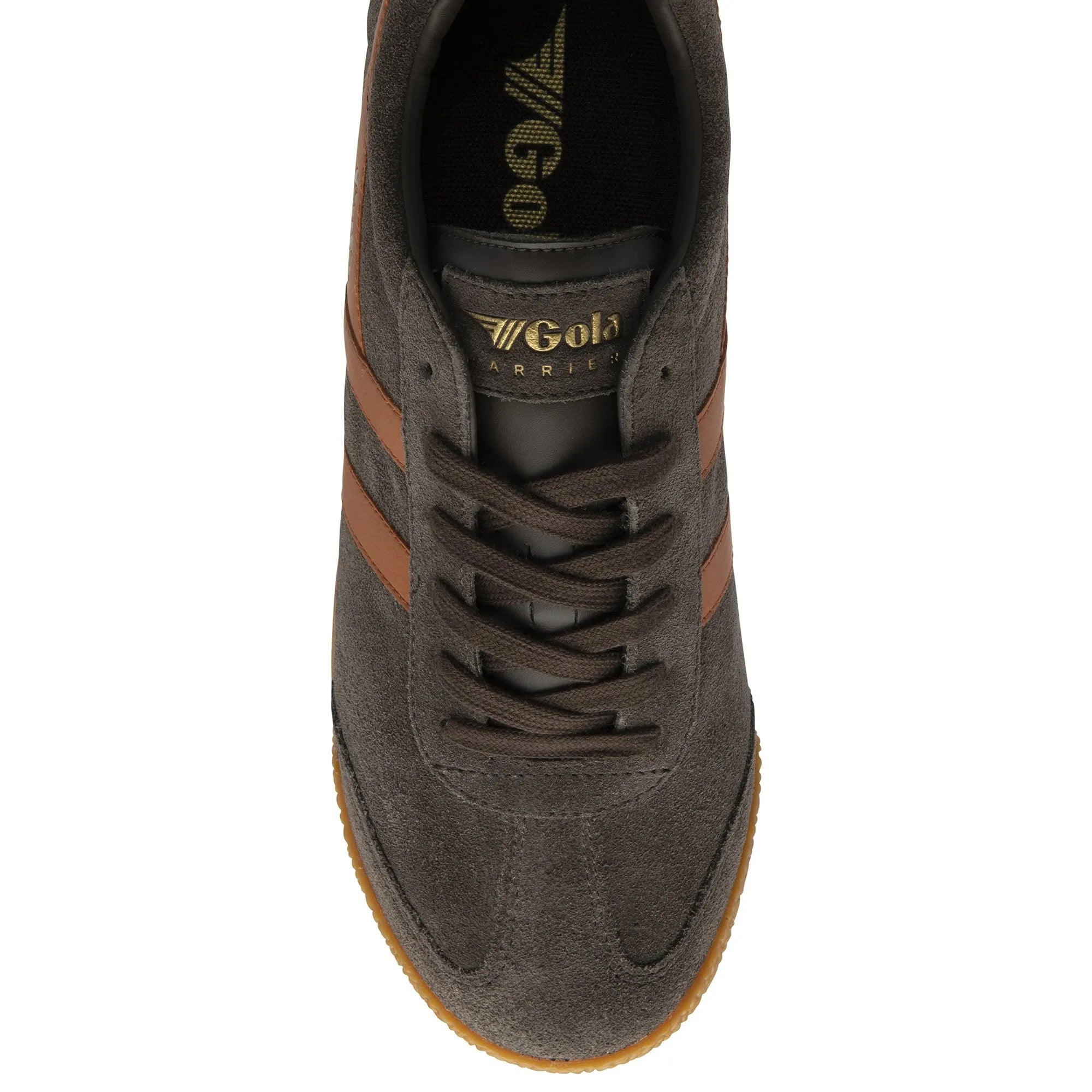 Gola CMA192 Harrier men's dark brown and moody orange leather lace-up trainers, stylish and comfortable casual footwear.