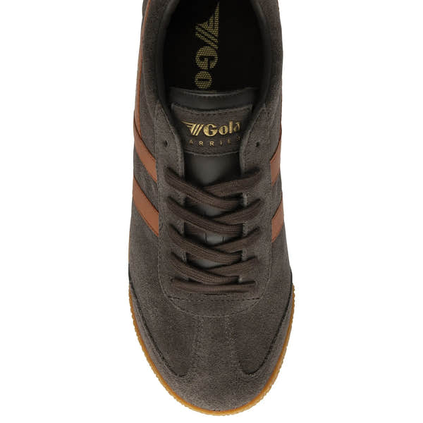 Gola CMA192 Harrier men's dark brown and moody orange leather lace-up trainers, stylish and comfortable casual footwear.