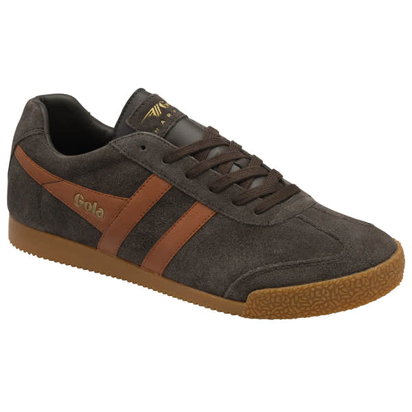 Gola CMA192 Harrier men's dark brown and orange leather lace-up trainers with gum rubber sole.