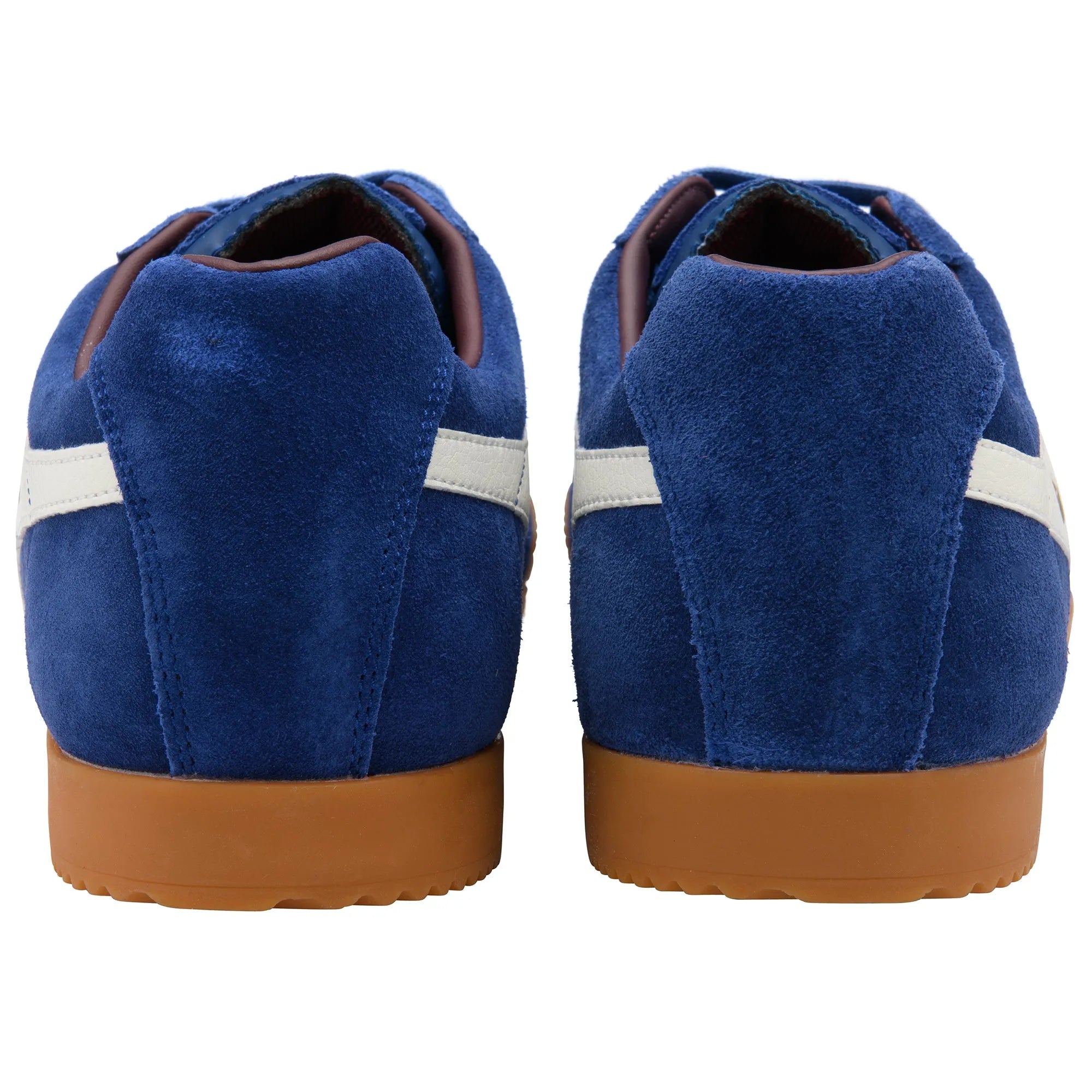 Gola CMA192 Harrier men's deep blue, off white, and burgundy leather lace-up trainers with gum sole, front view.