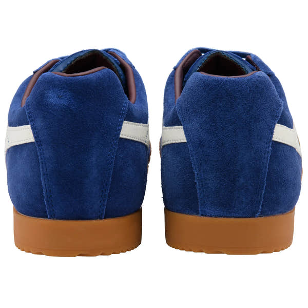 Gola CMA192 Harrier men's deep blue, off white, and burgundy leather lace-up trainers with gum sole, front view.