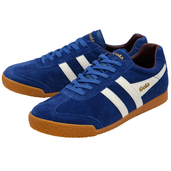 Gola CMA192 Harrier men's deep blue, off-white, burgundy leather lace-up trainers with gum sole.