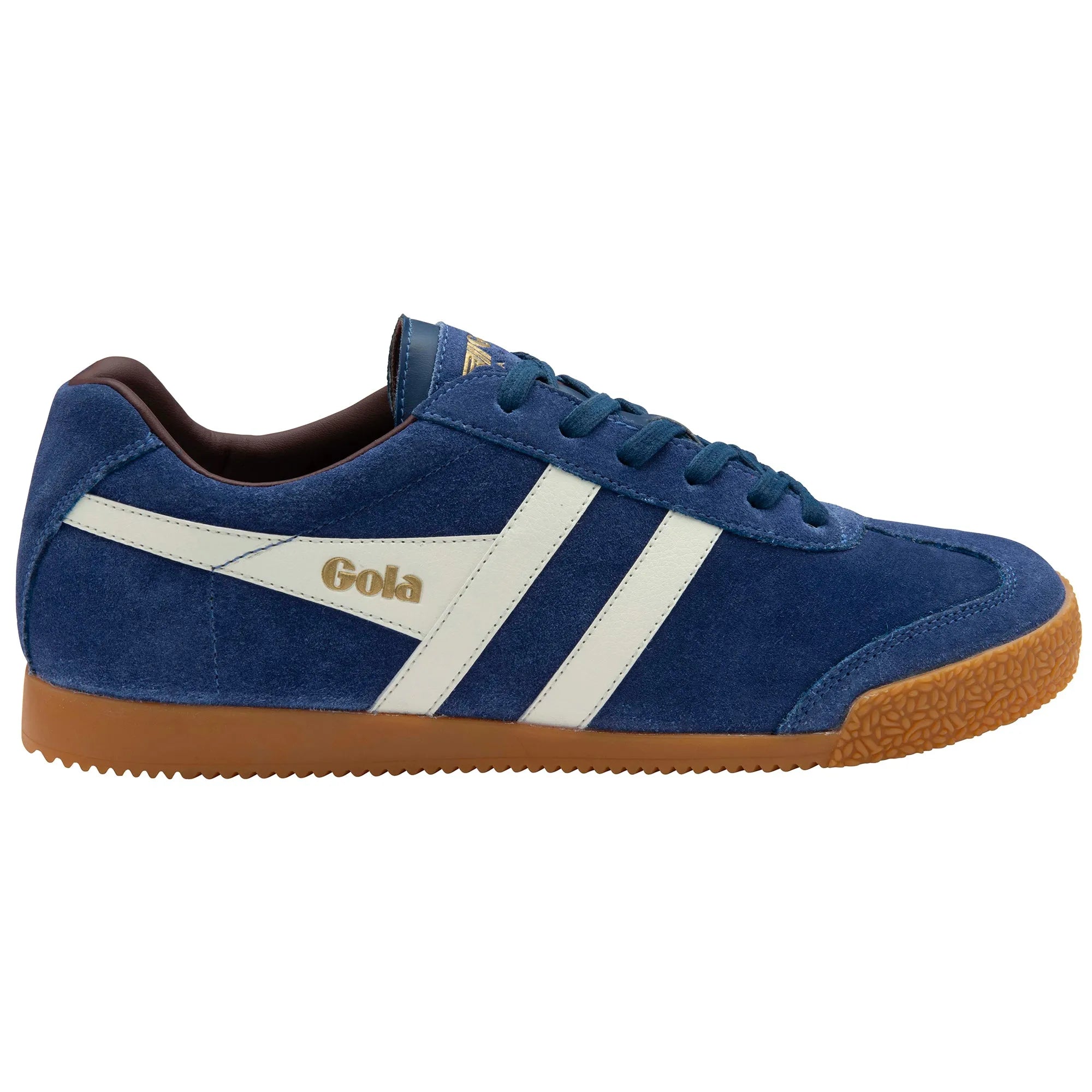 Gola CMA192 Harrier men's deep blue, off-white, and burgundy leather lace-up trainers with gum sole.