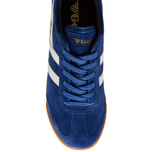 Gola CMA192 Harrier men's deep blue, off-white, and burgundy leather lace-up trainers with a gum sole.