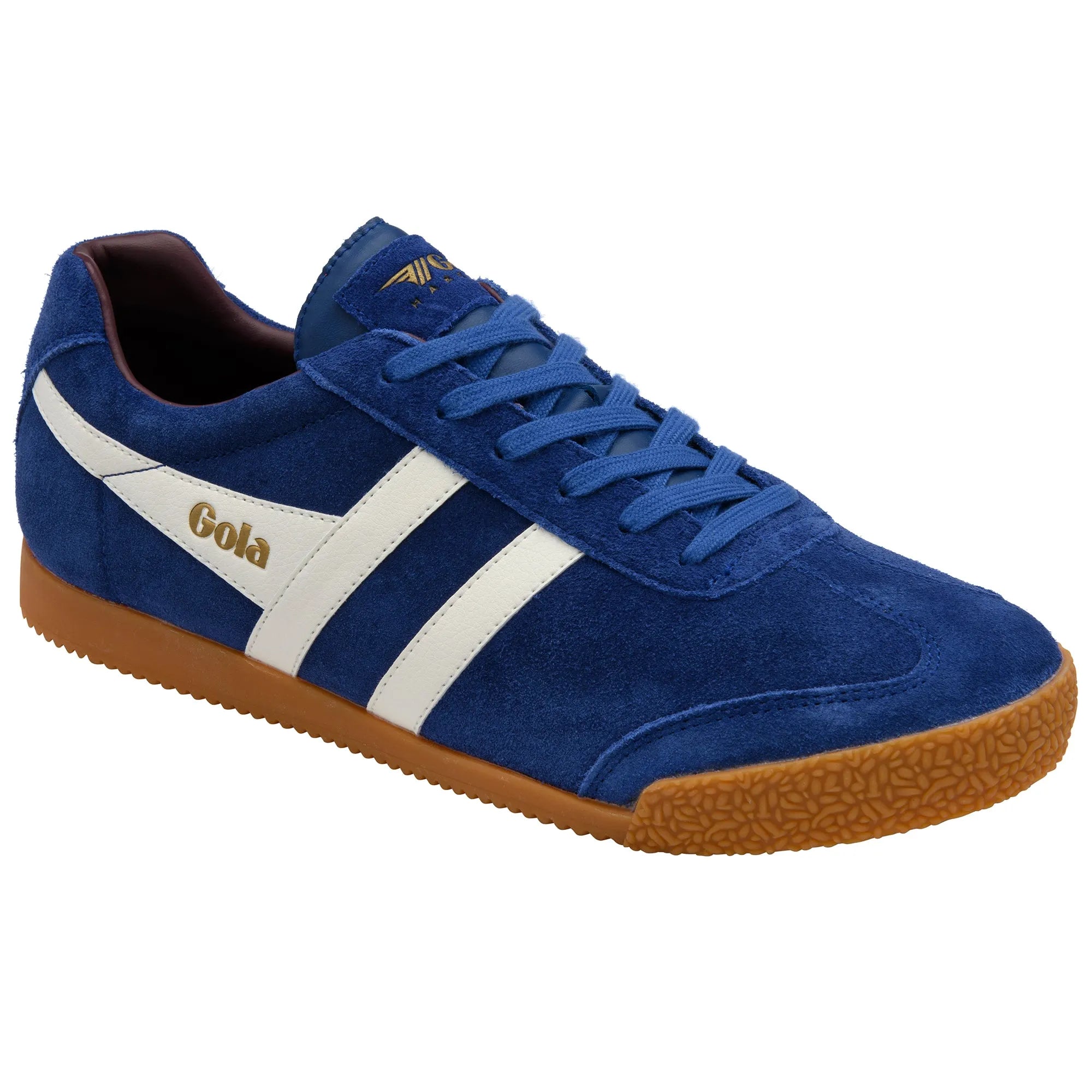Gola CMA192 Harrier men's deep blue, off-white, and burgundy leather lace-up trainers with gum sole.
