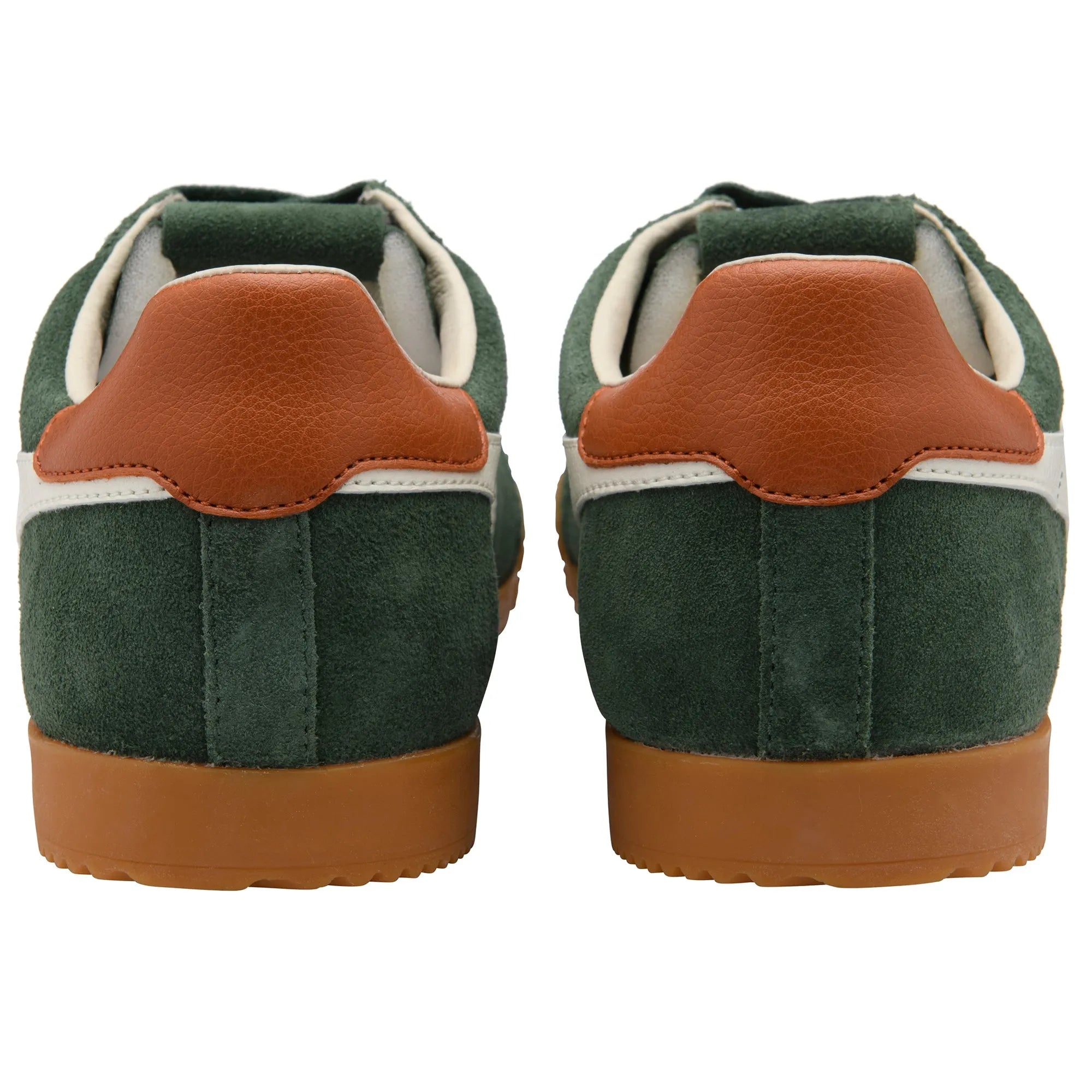 Gola CMB538 Elan men's sneakers with green suede, off-white accents, and moody orange leather lace-up design.