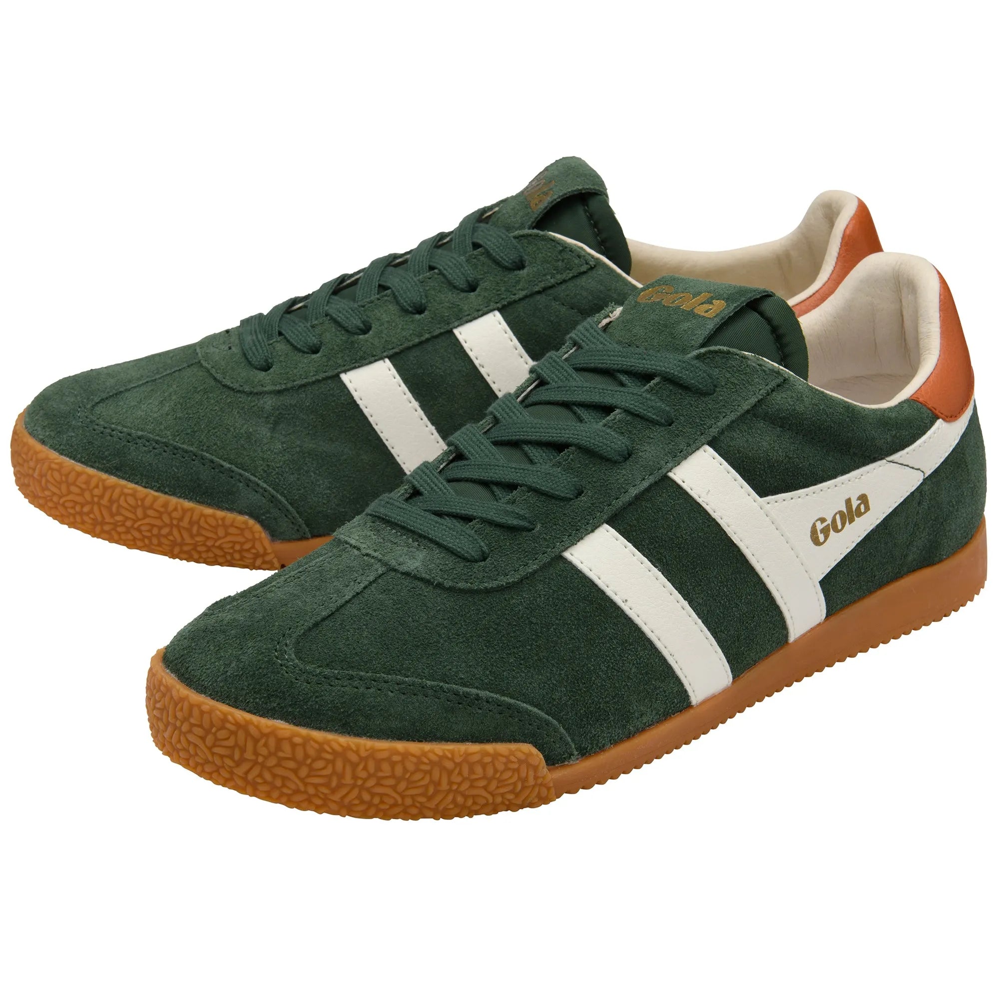 Gola CMB538 Elan men's green suede leather lace-up trainers with white stripes and gum rubber outsole.