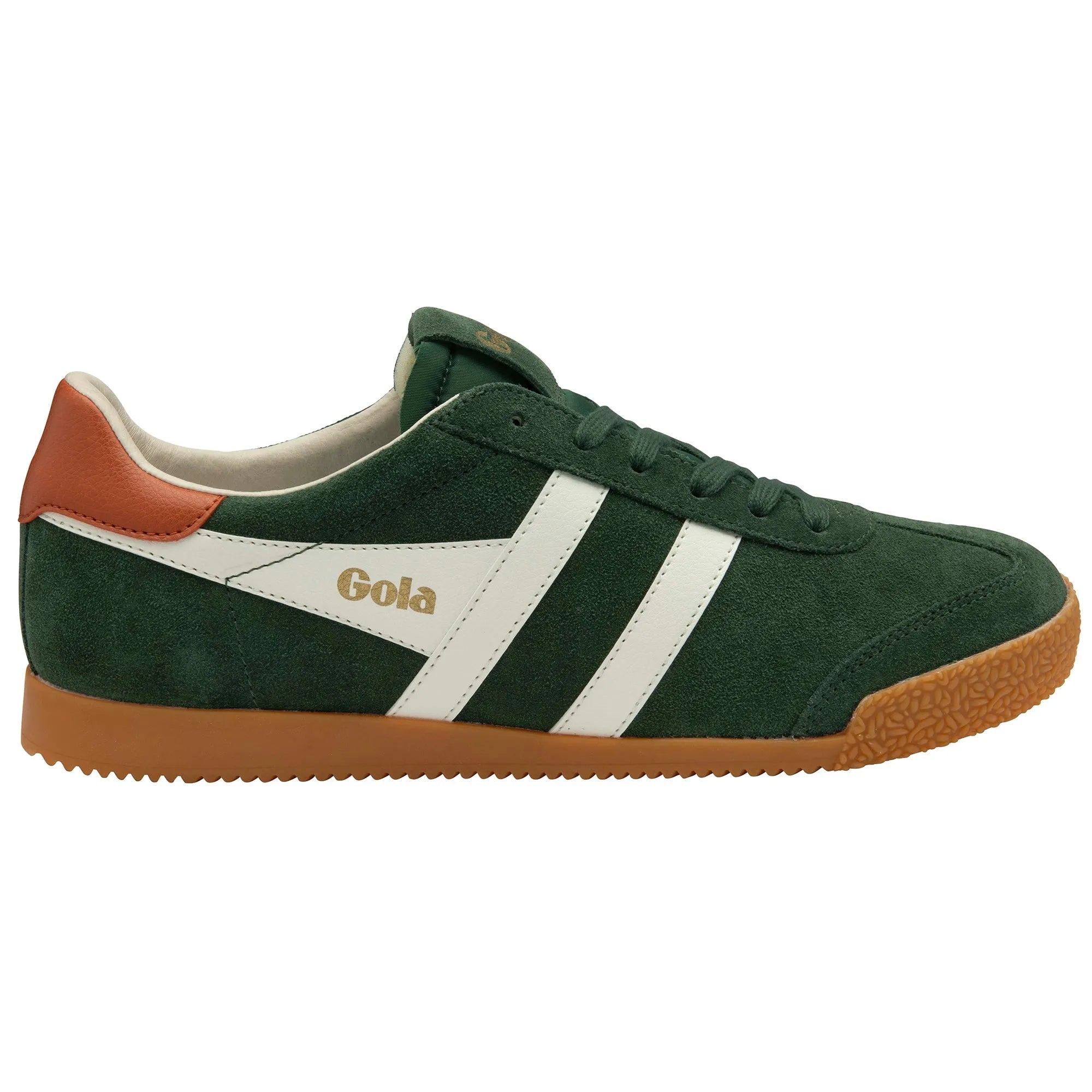 Gola CMB538 Elan men's green, off-white, and orange leather lace-up trainers with gum rubber outsole.