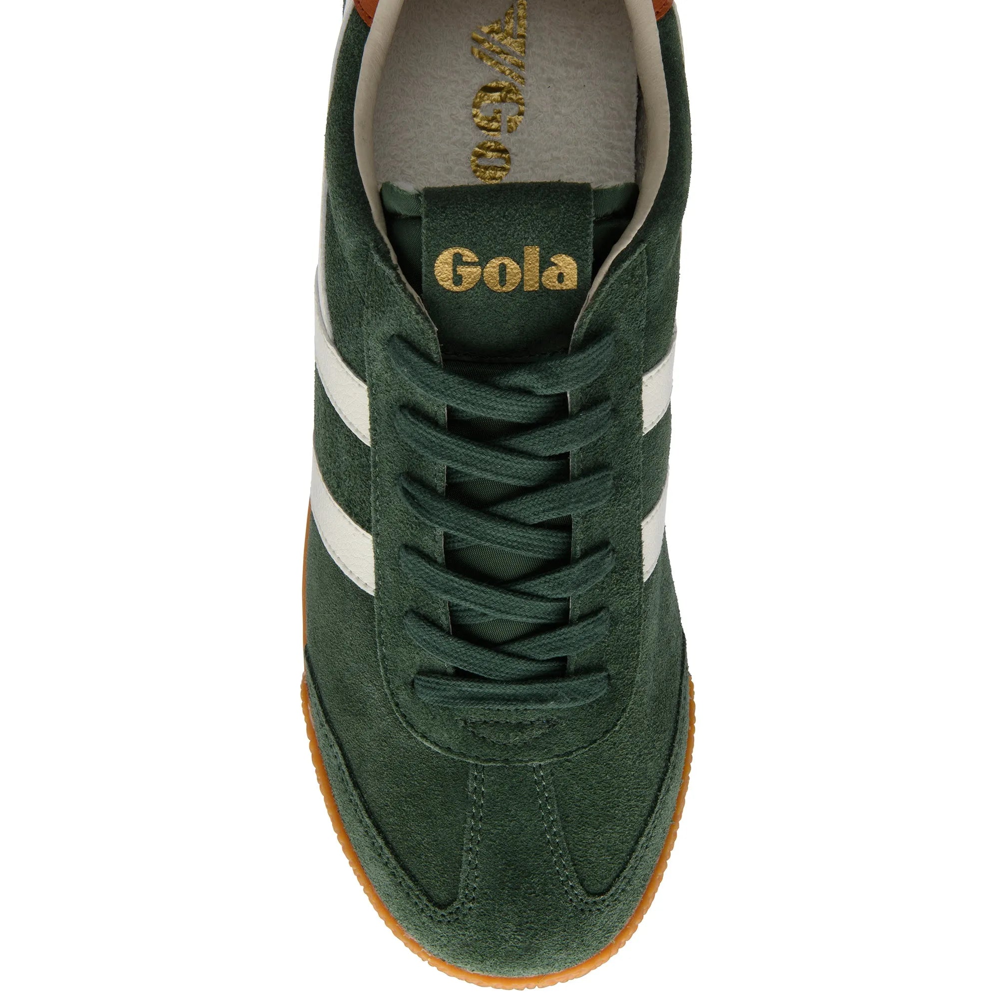 Gola CMB538 Elan men's lace-up trainers in evergreen, off-white, and moody orange leather with gum sole details.