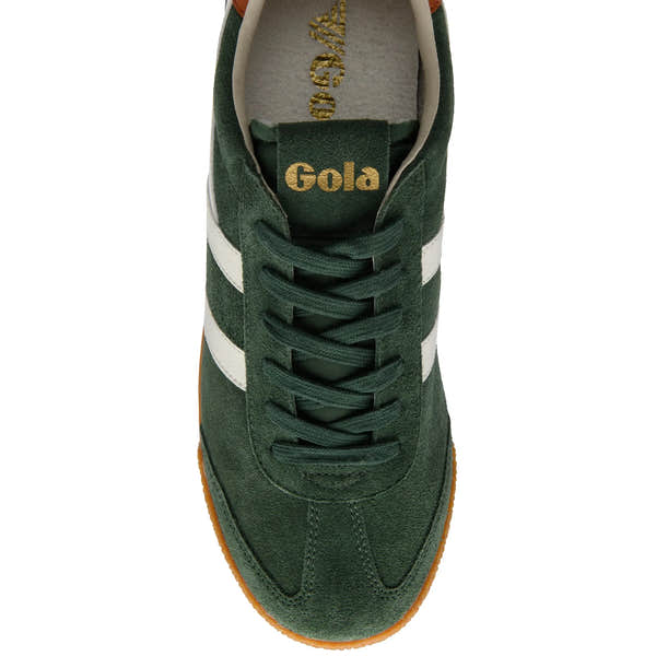 Gola CMB538 Elan men's lace-up trainers in evergreen, off-white, and moody orange leather with gum sole details.