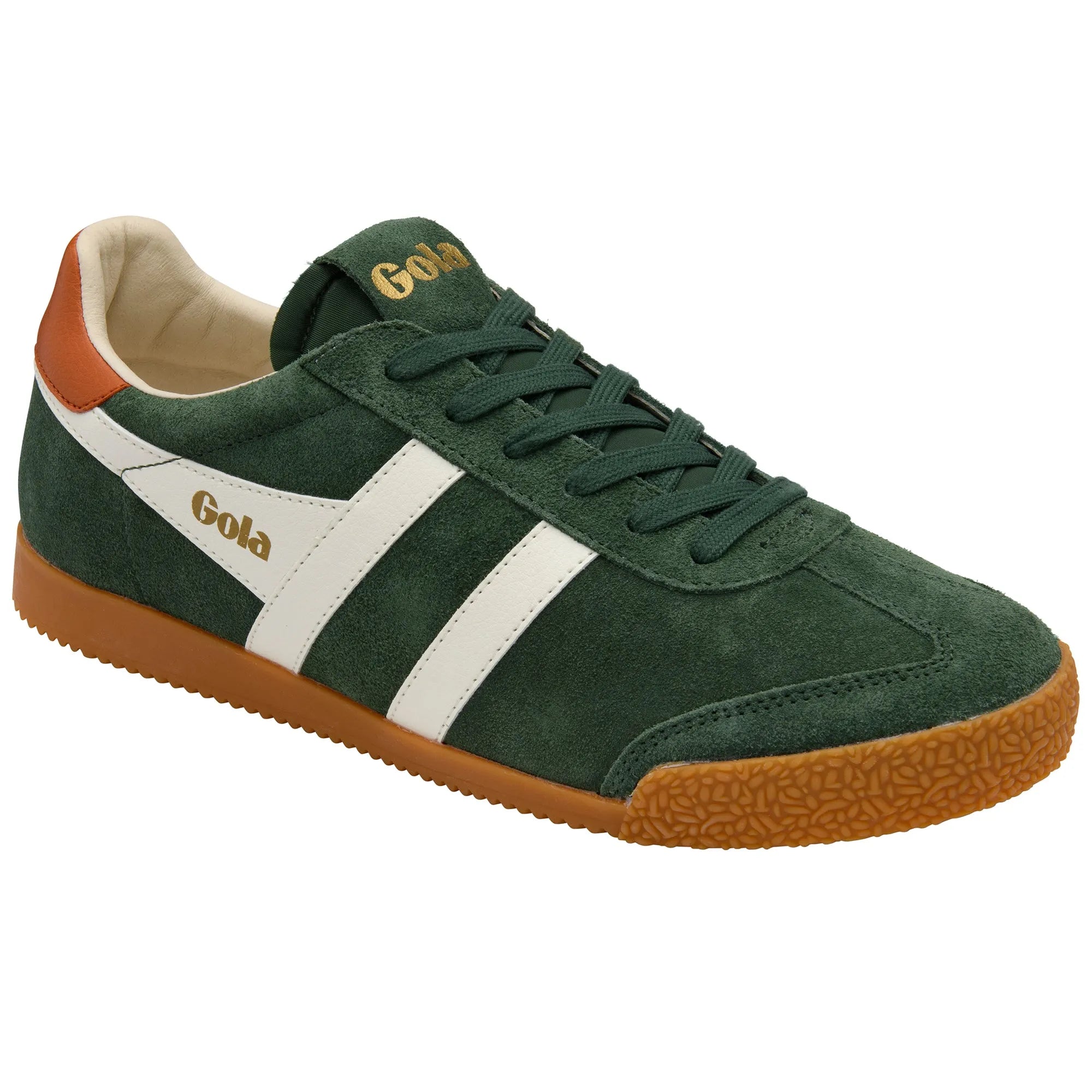 Gola CMB538 Elan men's green off-white and moody orange leather lace-up trainers, with white stripe details and gum sole.