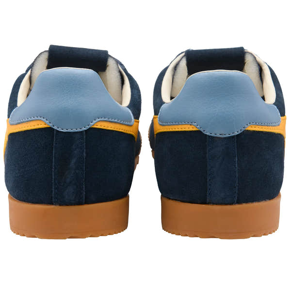 Gola CMB538 Elan men's navy, sun, and iceberg leather lace-up trainers with gum soles.