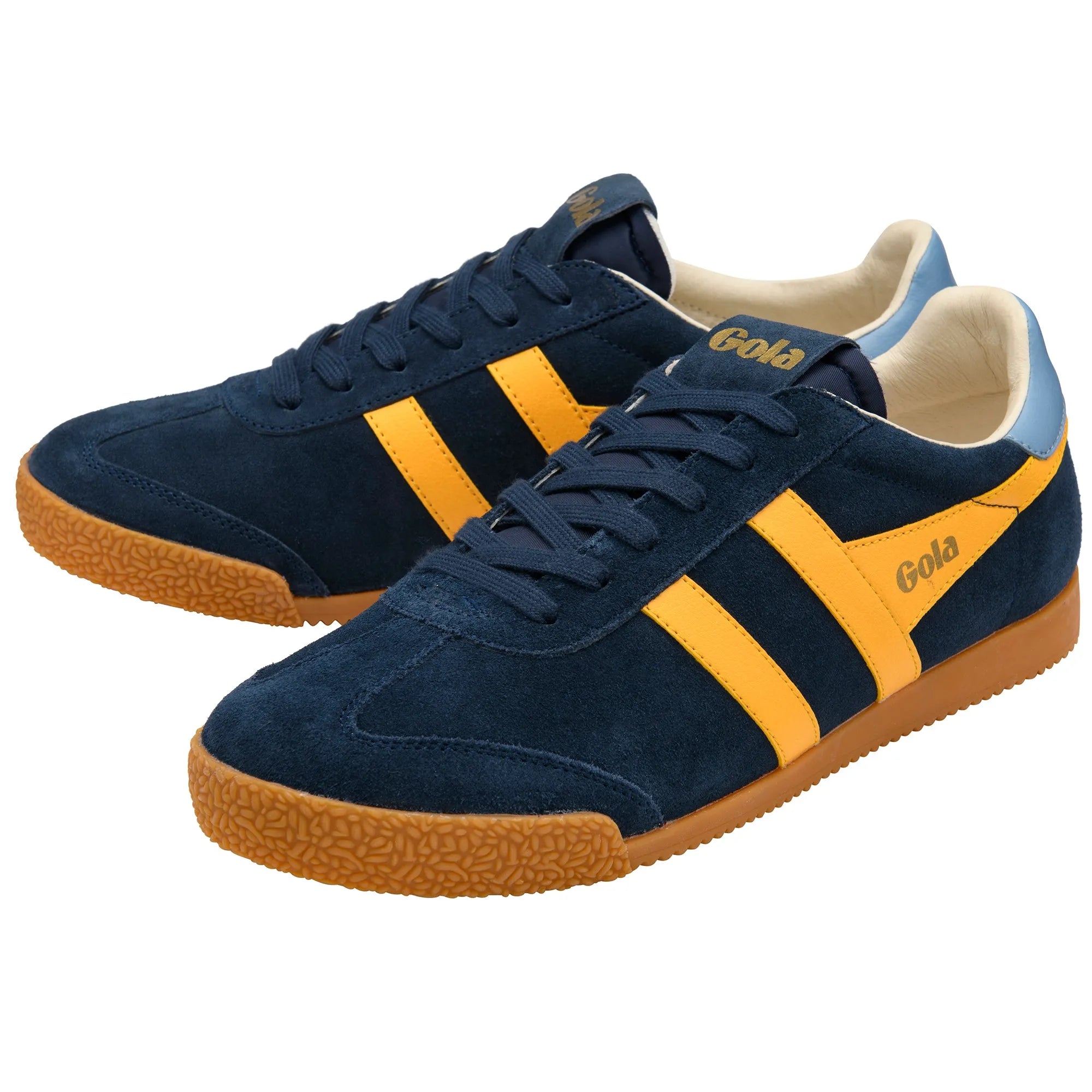 Gola CMB538 Elan men's navy/sun/iceberg suede leather lace-up trainers with yellow accents and gum sole.