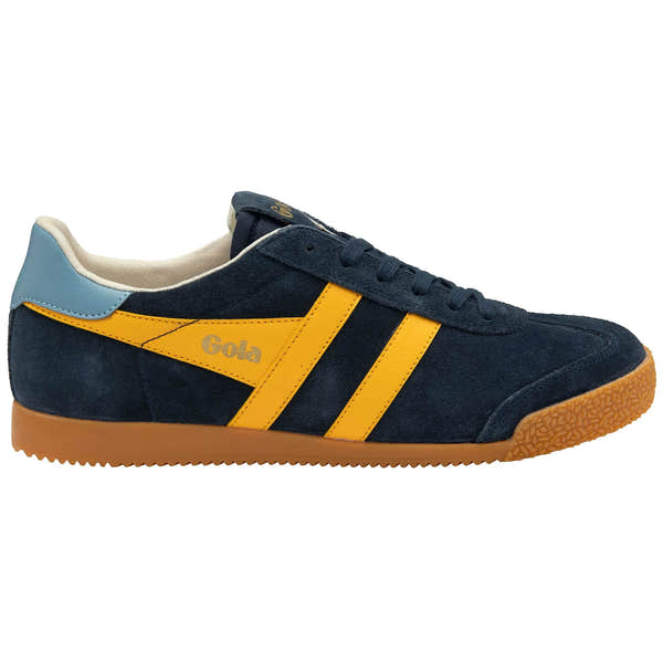 Gola CMB538 Elan men's navy, sun, and iceberg leather lace-up trainers with yellow accents and gum sole.