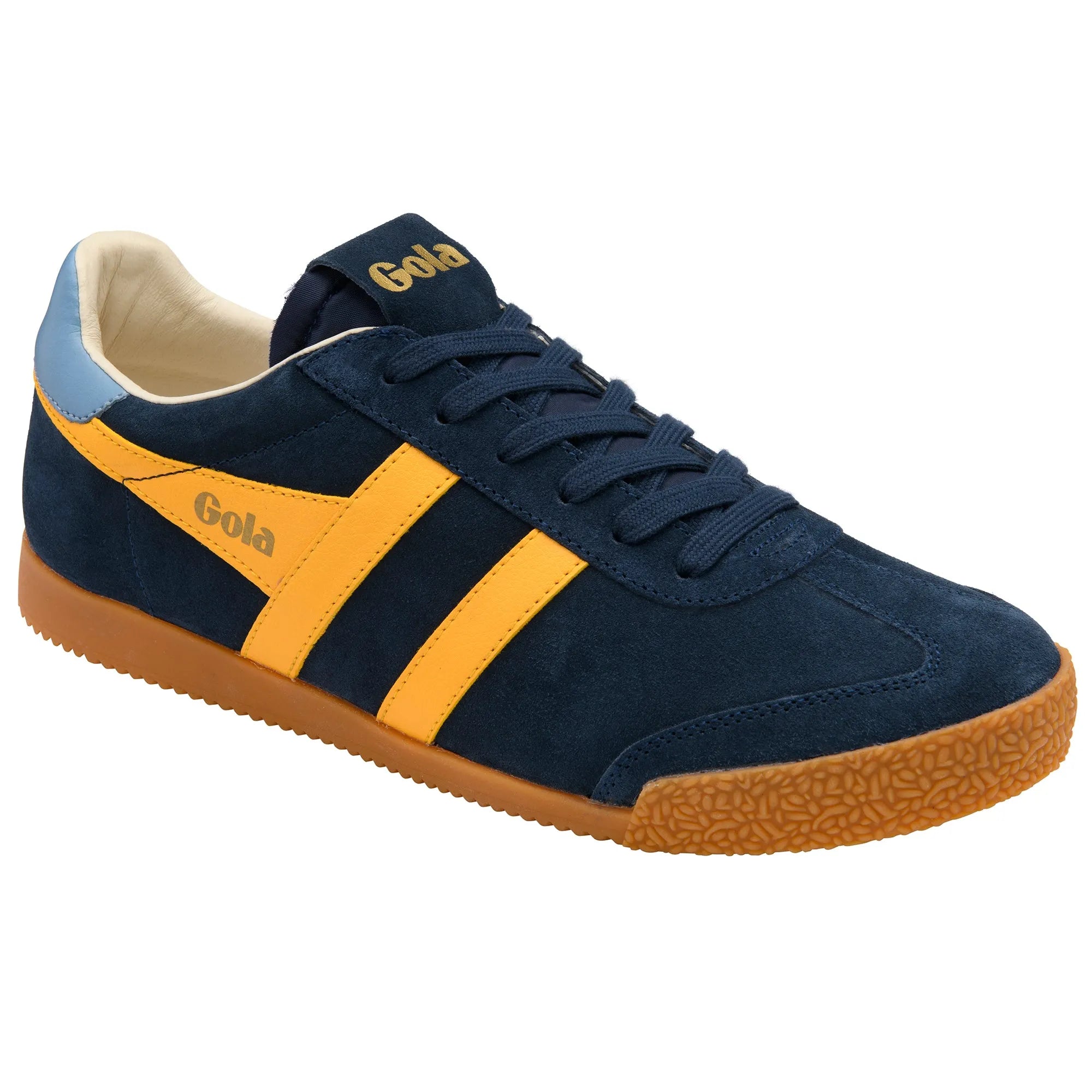 Gola CMB538 Elan men's navy, sun, and iceberg leather lace-up trainers with yellow accents and gum sole.