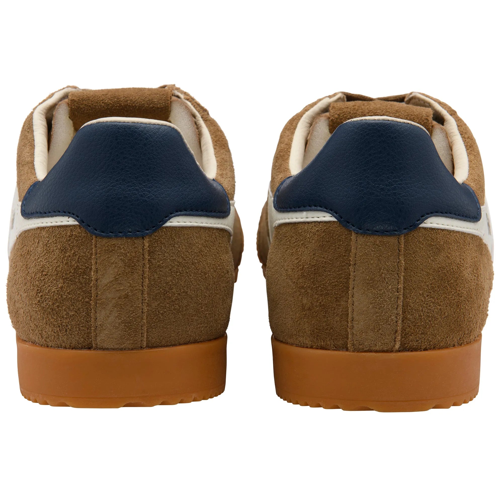 Gola CMB538 Elan men's lace-up trainers, tobacco, off-white, navy leather accents, suede material, casual sneaker style.