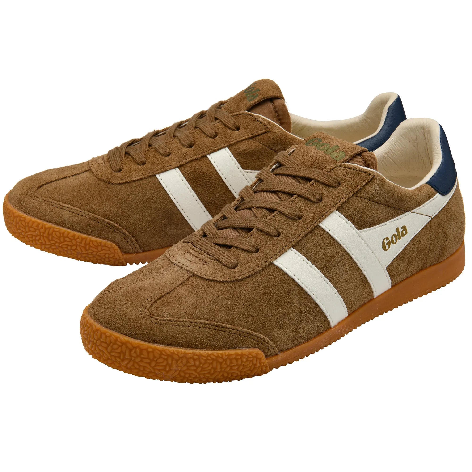 Gola CMB538 Elan men's tobacco, off white, navy leather lace-up trainers with gum sole and white stripe accents.