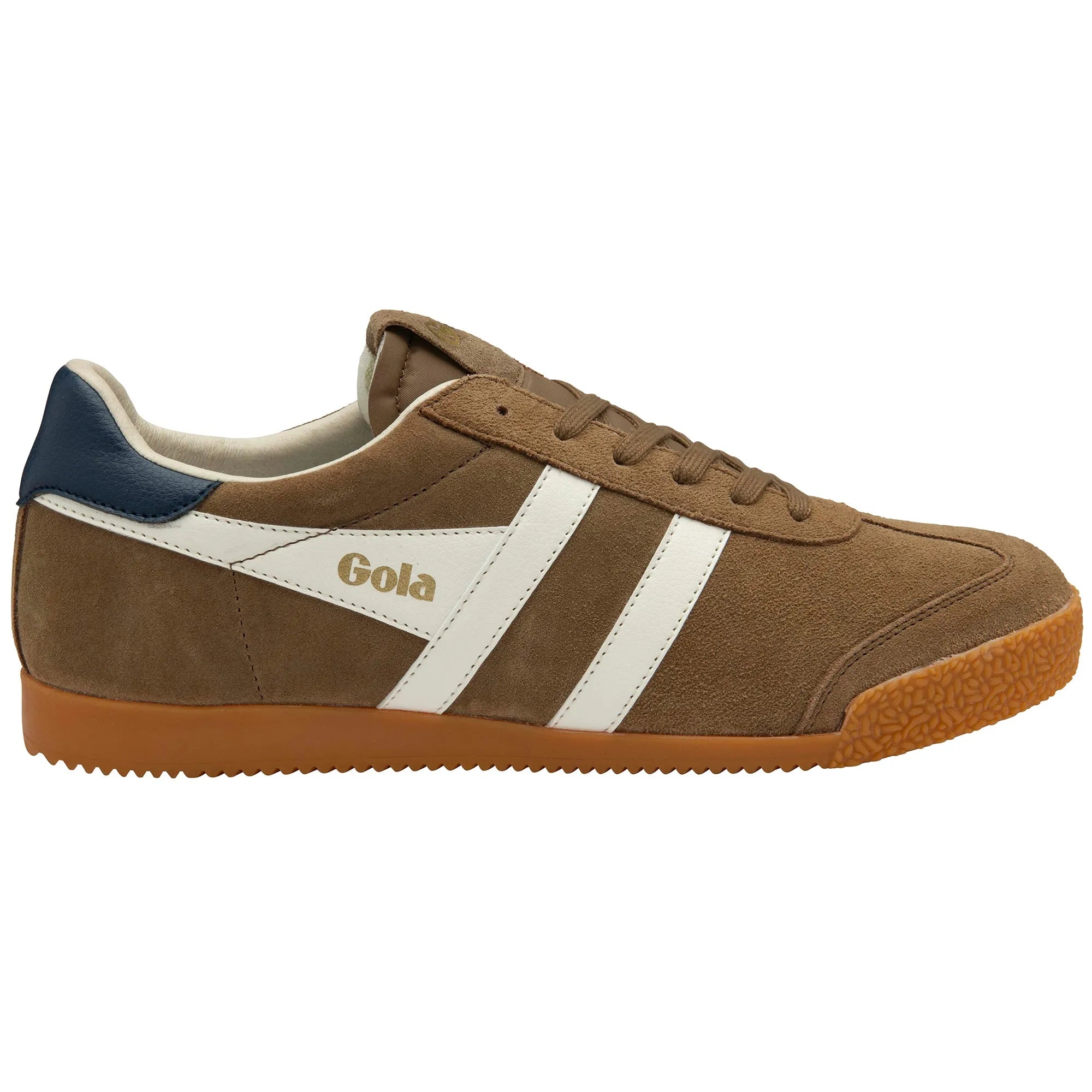 Gola CMB538 Elan men's leather lace-up trainers in tobacco, off-white, and navy with gum sole and brand logo detail.