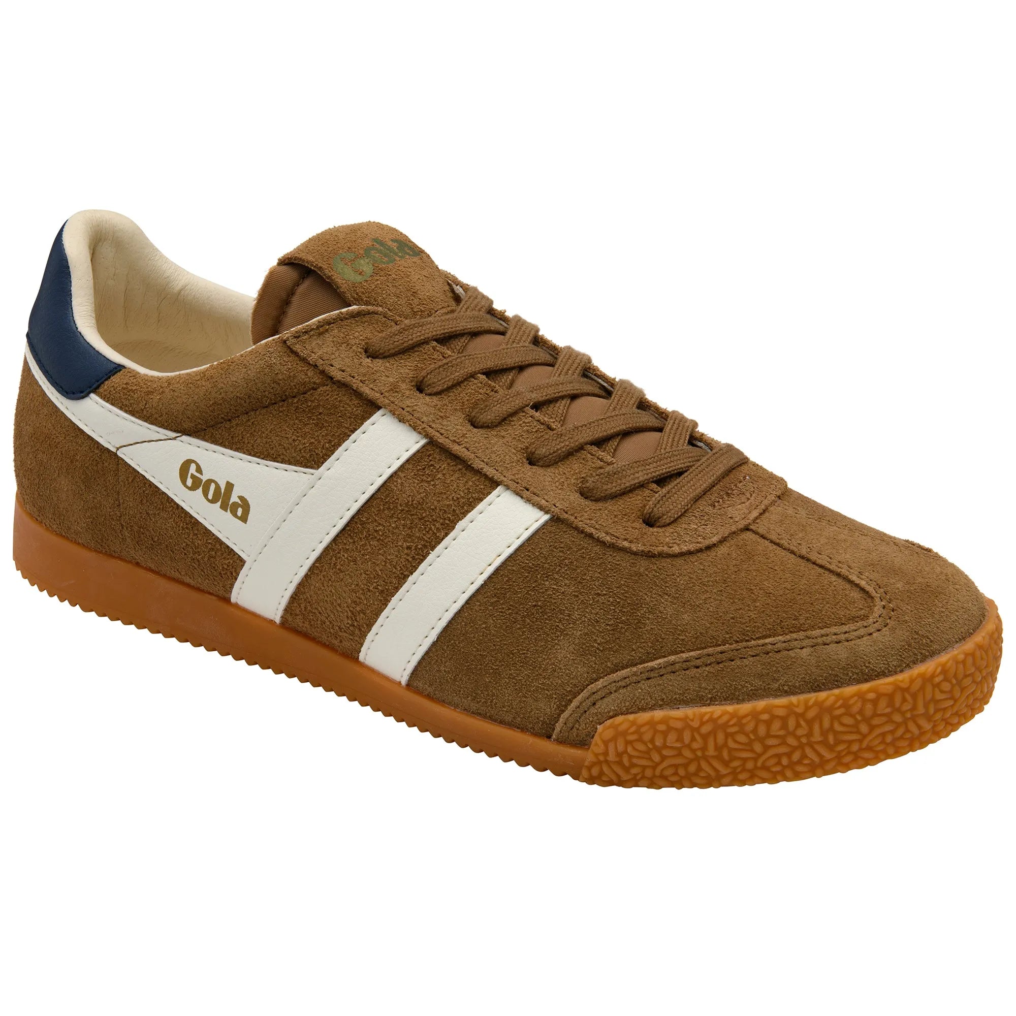 Gola CMB538 Elan men's suede leather trainers in tobacco, off white, and navy with white stripes and gum sole.