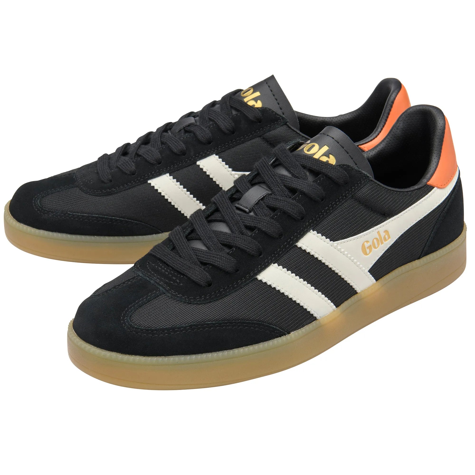Gola CMB872 Viper Mesh Men's trainers in black, white, orange, and gum leather with lace-up closure.