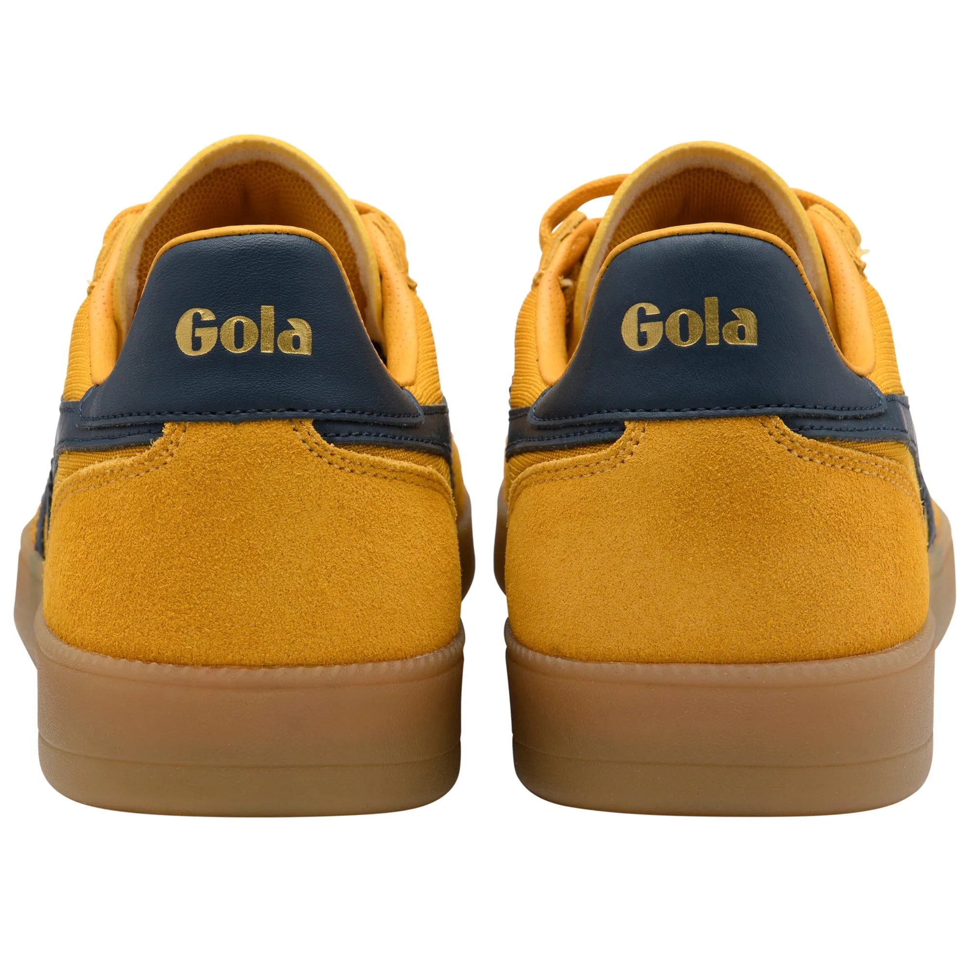 Gola CMB872 Viper Mesh men's sun, navy, and gum leather textile lace-up trainers, rear view.