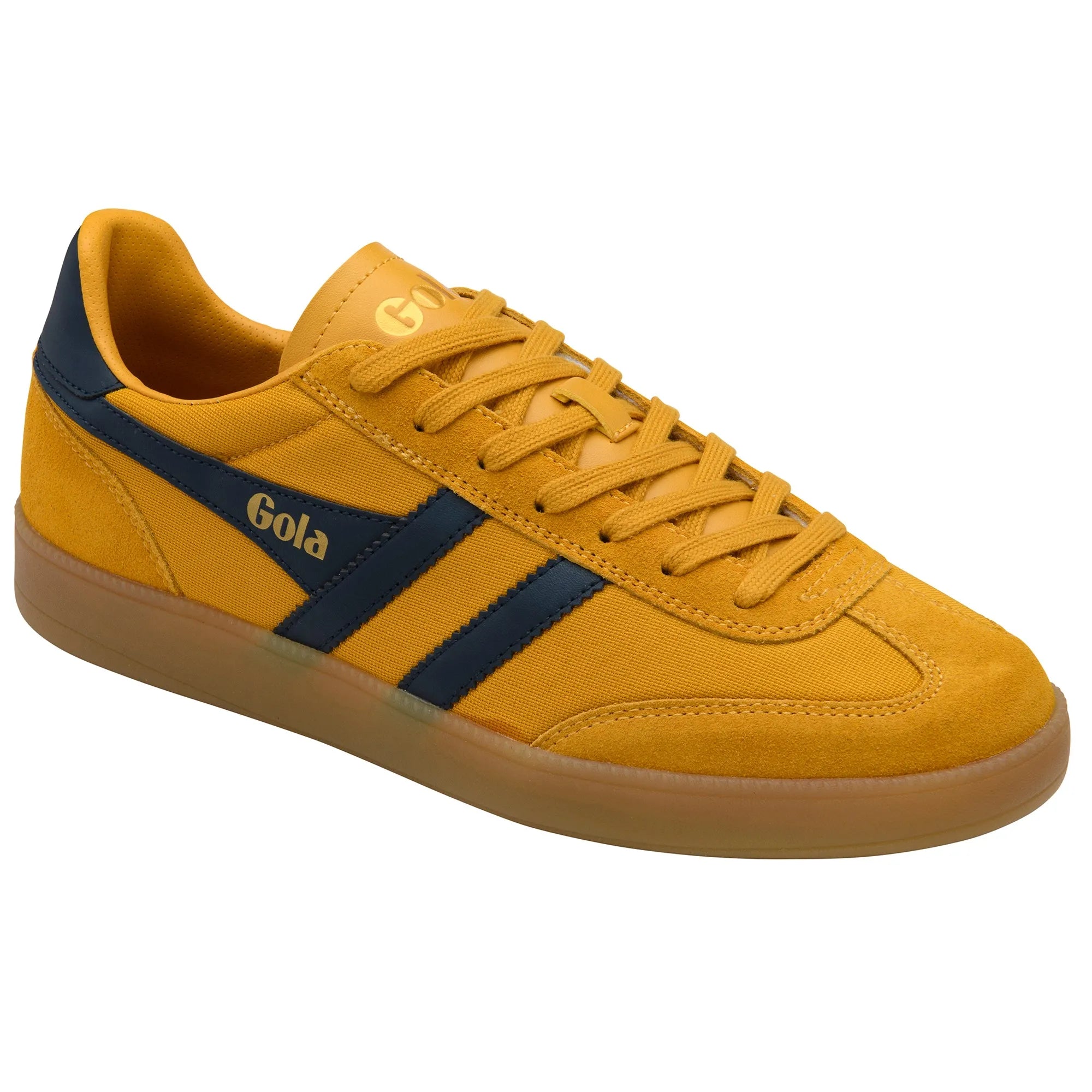 Gola CMB872 Viper Mesh men's trainer in sun, navy, and gum leather with textile upper, lace-up design, and rubber sole.
