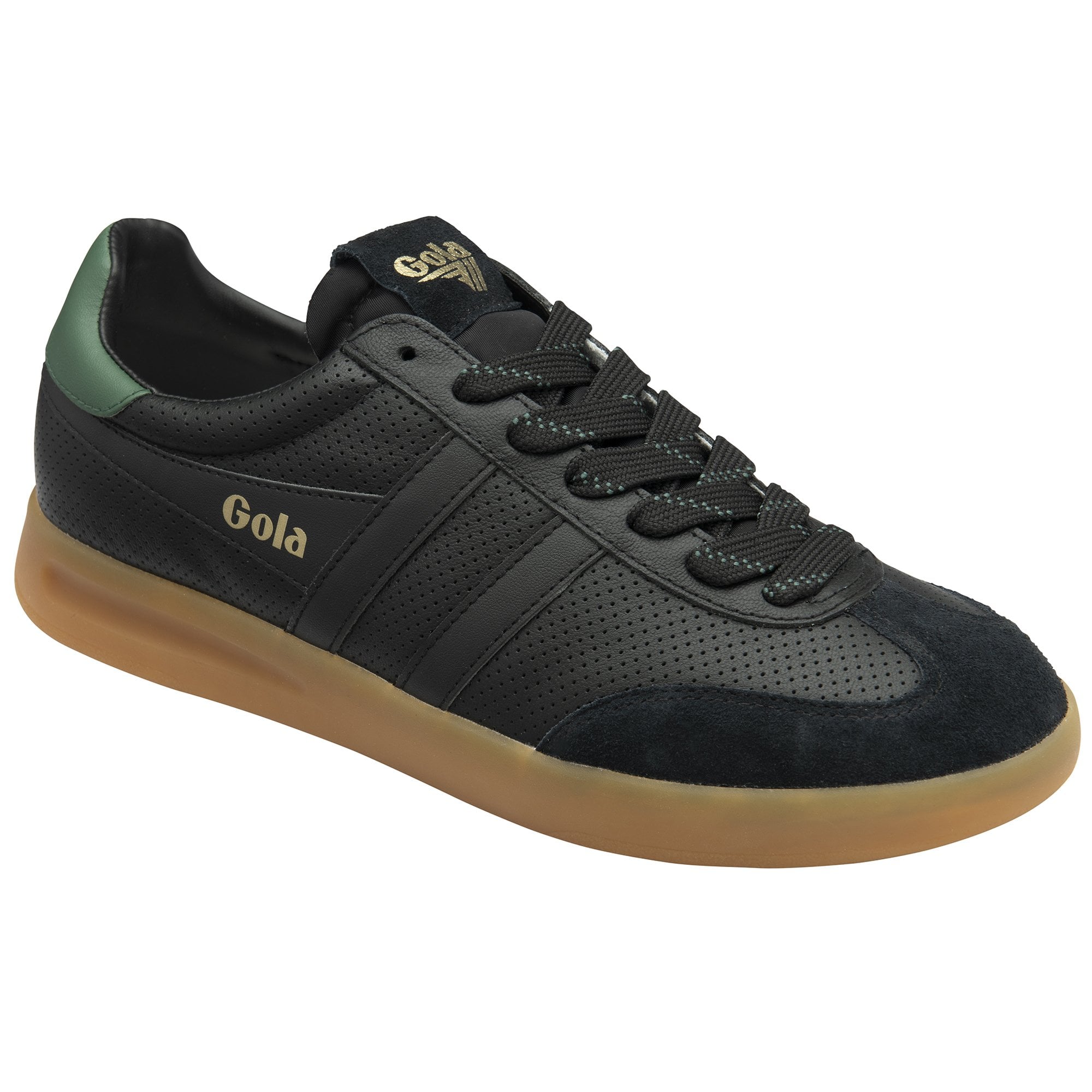 Gola Cyclone Leather men's black and green lace-up trainers with gum sole and perforated leather upper.