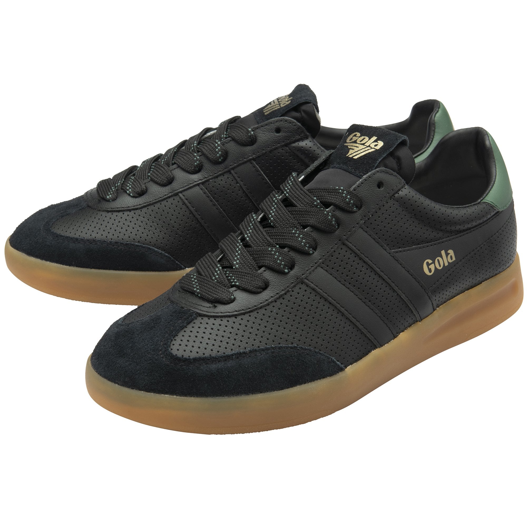 Gola Cyclone Leather '76 men's black and green lace-up trainers with gum rubber sole.
