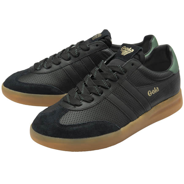 Gola Cyclone Leather '76 men's black and green lace-up trainers with gum rubber sole.