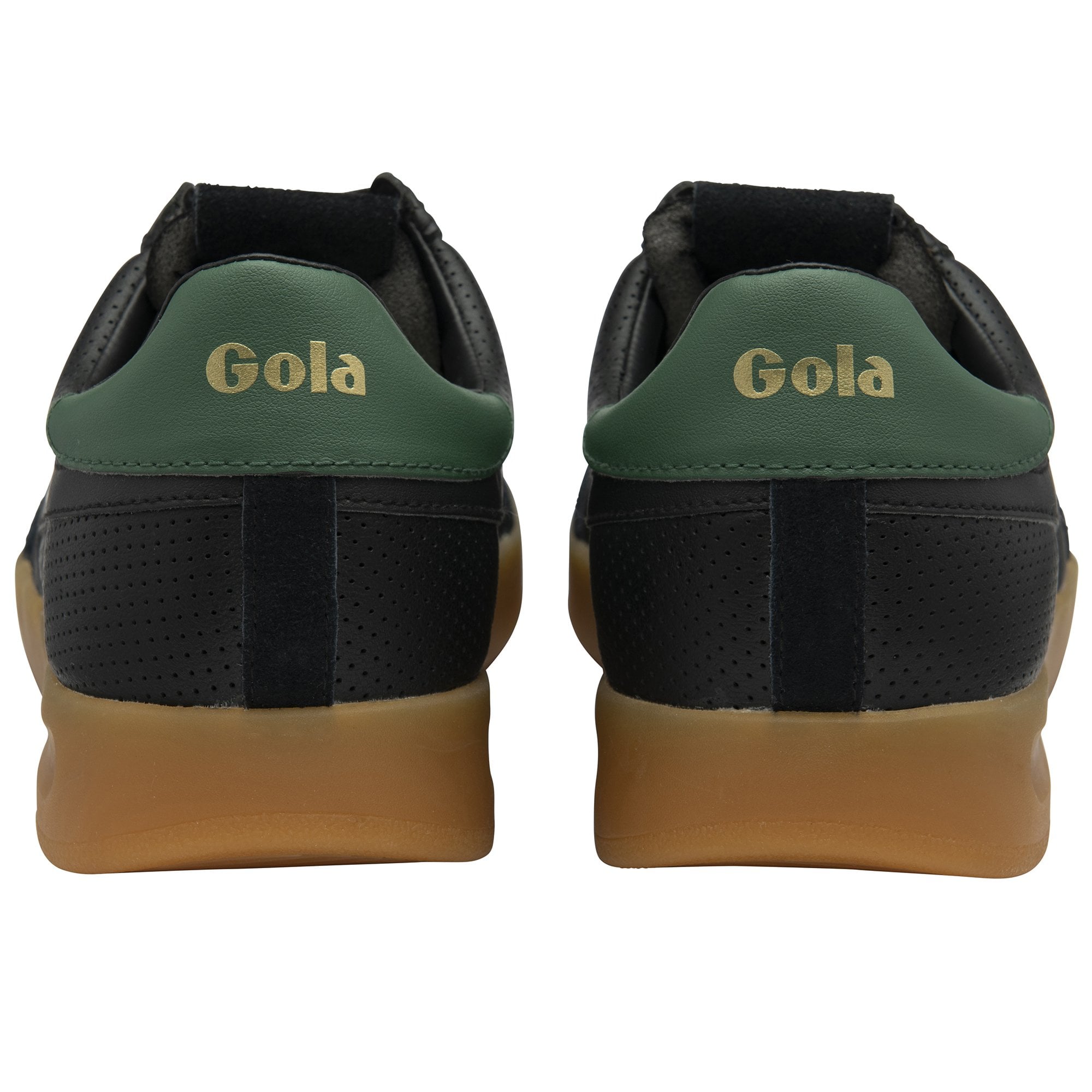 Gola Cyclone Leather men's trainers, black leather with green heel tab and gum sole, lace-up casual footwear.