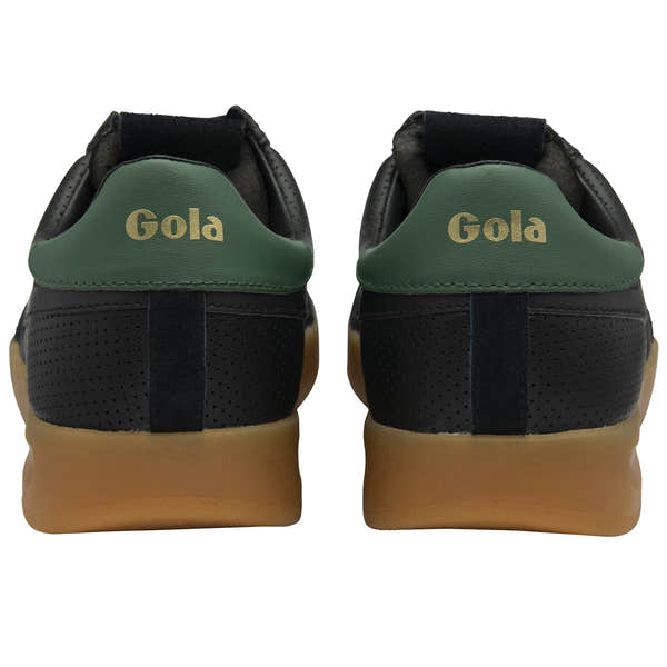 Gola Cyclone Leather men's trainers, black leather with green heel tab and gum sole, lace-up casual footwear.