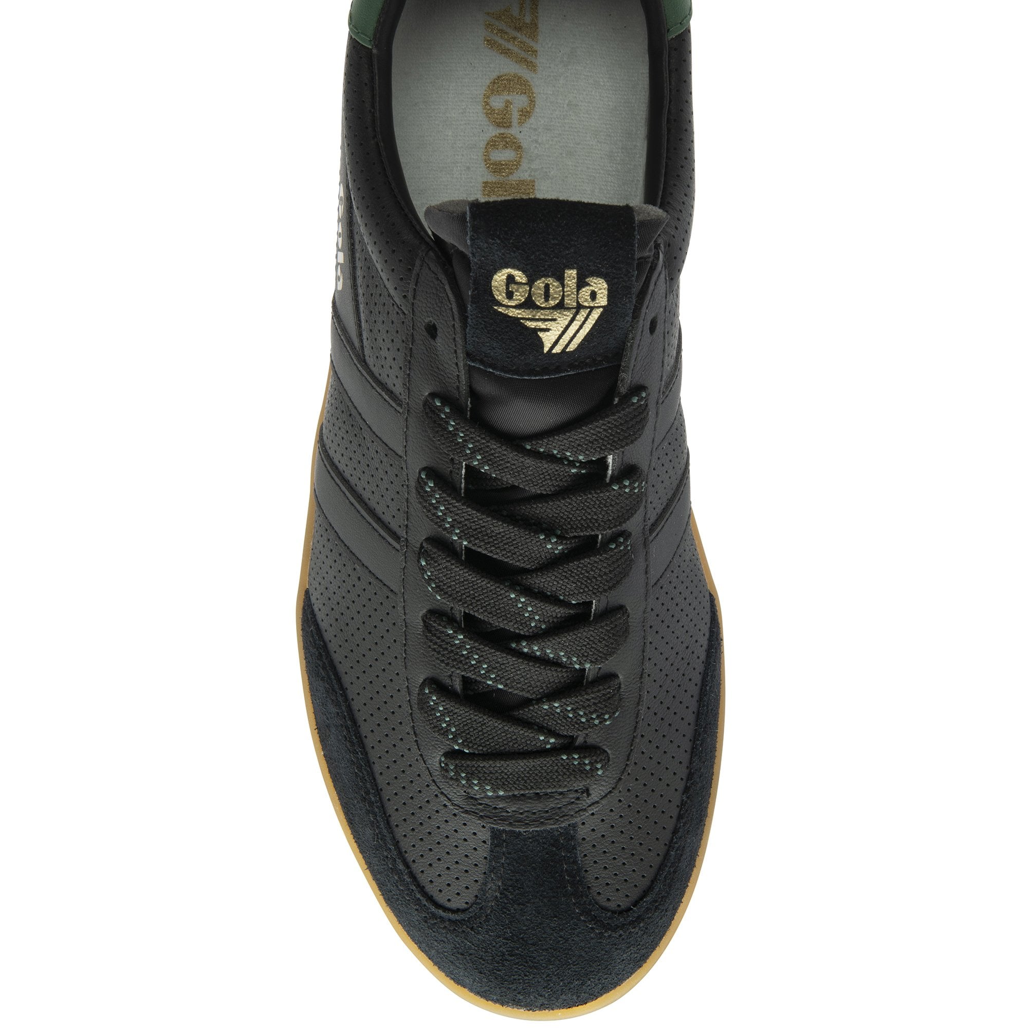 Gola Cyclone Leather men's black and green leather lace-up trainers with gum sole and perforated details.