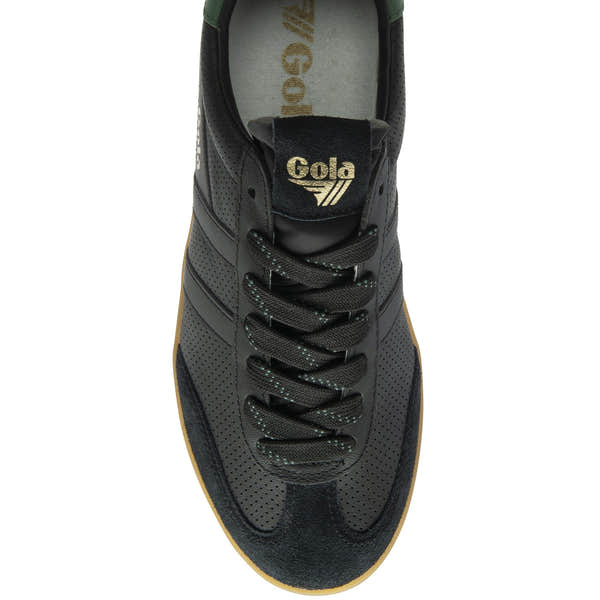 Gola Cyclone Leather men's black and green leather lace-up trainers with gum sole and perforated details.